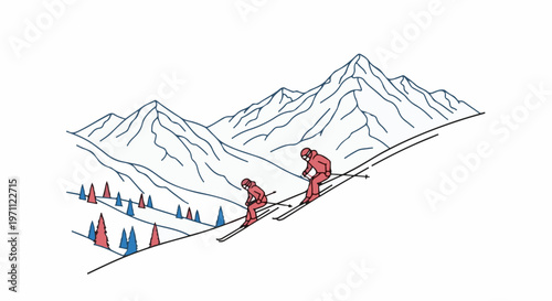 Two skiers descend a snowy mountain slope amidst scattered pine trees