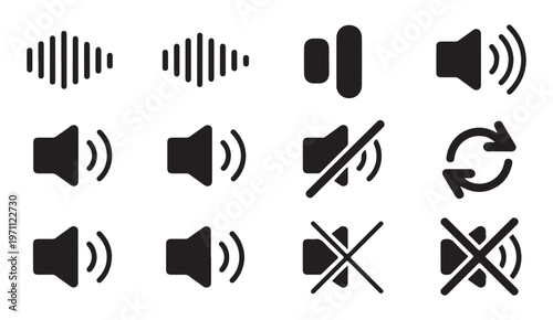 Audio sound volume control icons collection including speaker waves mute toggle and replay loop button set.