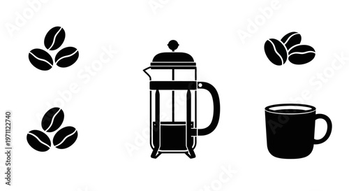 Coffee Icons Set: Fresh Roasted Beans, Manual French Press Maker, and Hot Brewed Drink Mug Silhouettes