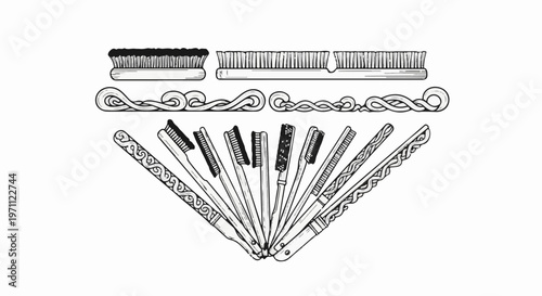 Various brushes and decorative elements arranged in a fan and linear patterns