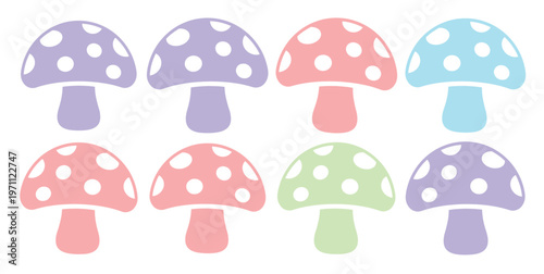 パステルカラーの可愛いキノコ、水玉模様の傘を持つファンタジーな毒キノコ、メルヘンな世界観を演出するベクターイラスト素材、子供向けデザインや装飾に最適