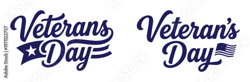 退役軍人の日、星と旗の要素を持つ手書きスクリプトタイポグラフィのベクターセット。記念日、祝日、愛国的なイベントに最適なデザイン素材。