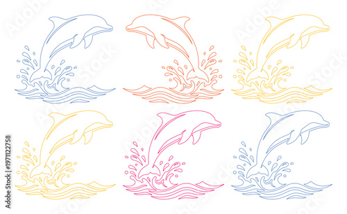 躍動感あふれるイルカのベクターイラストセット、水しぶきを上げる海の哺乳類、カラフルなアウトラインデザイン、水生生物のアイコン素材、海洋テーマのプロジェクトに最適なグラフィックリソース
