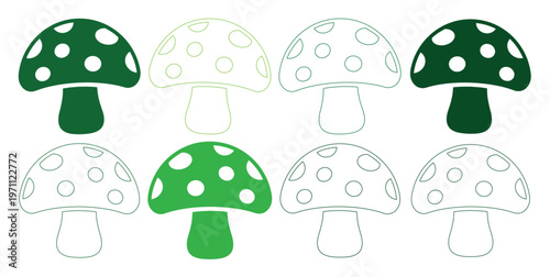 かわいい緑色のキノコのベクターイラストセット、森の妖精のようなドット柄の傘を持つファンタジーキノコ、自然やファンタジーをテーマにしたデザイン素材