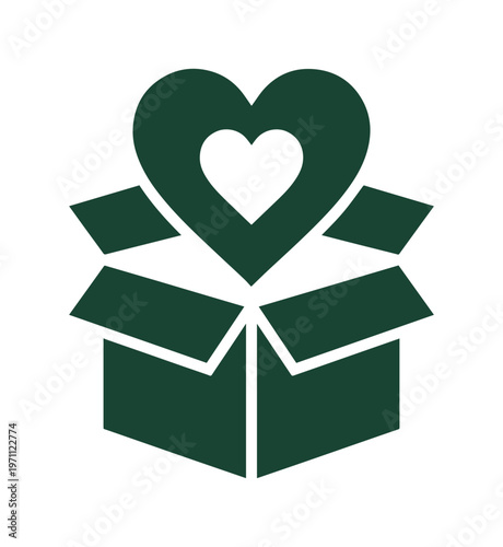 ハートが飛び出す段ボール箱のベクターアイコン。ギフト、プレゼント、サプライズ、愛、感謝の気持ちを表現するシンプルなグラフィックデザイン素材。