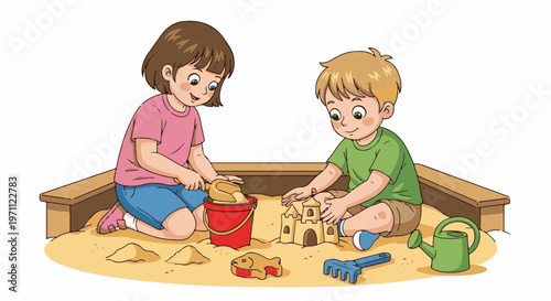 Two smiling children build sandcastles in a sandbox with toys