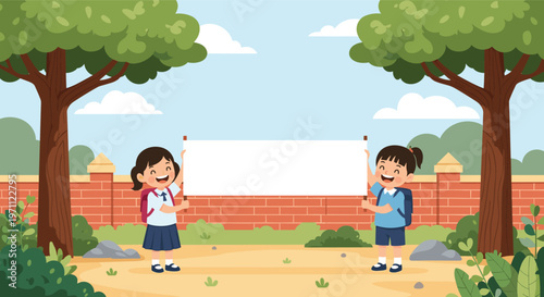 Two happy young schoolgirls in blue uniforms holding a large blank white banner in a park with a brick wall and trees.