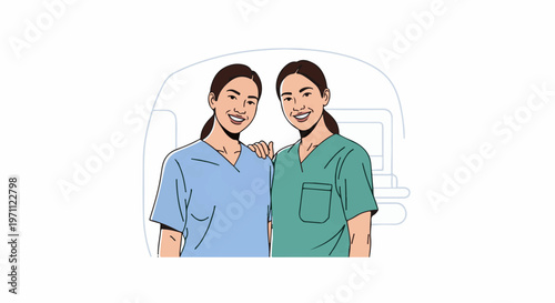 Two smiling nurses, one in blue, one in green scrubs, standing together