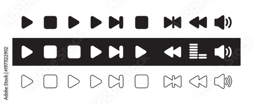 Multimedia player control buttons pack with play pause stop skip rewind and volume icons in three styles.
