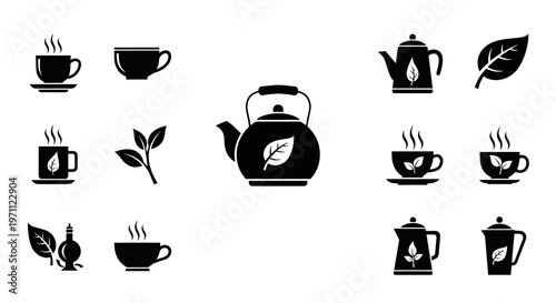 Black silhouette tea icons. Collection of hot steaming cups, teapots, and green tea leaves. Vector graphic set for beverages.
