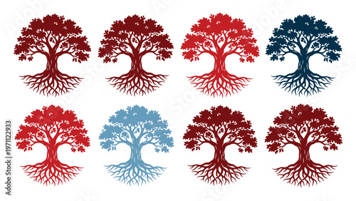 生命の木、根と葉が力強く広がる8種類のベクターツリーイラストセット。自然、成長、家族の絆を象徴するデザイン素材。