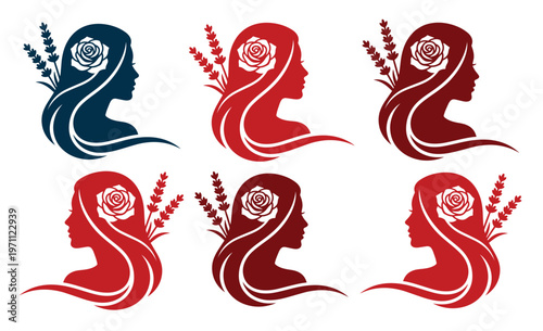 エレガントな女性の横顔とバラ、ラベンダーのシルエットベクターイラストセット。美容、スパ、アロマ、ウェディング、女性向けビジネスのロゴやアイコンに最適な、洗練されたデザイン素材。