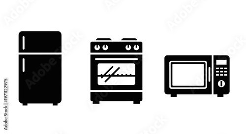 Black silhouette icons of kitchen appliances including refrigerator, stove, oven, and microwave oven. Household device symbols.