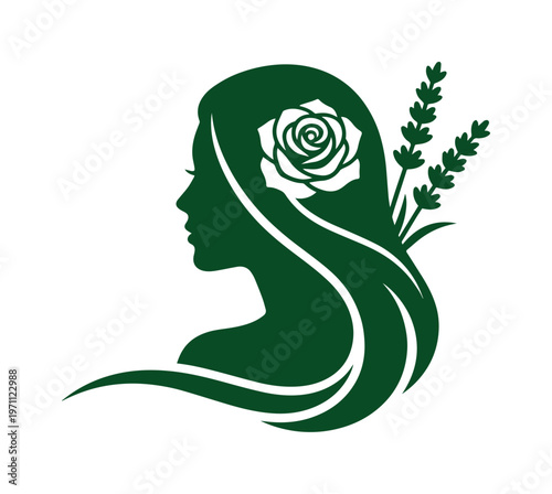 エレガントな女性の横顔とバラ、ラベンダーのシルエットベクターイラスト。美容、アロマ、自然派化粧品、スパ、リラクゼーション、ウェルネス関連デザインに最適な緑色のグラフィック素材。