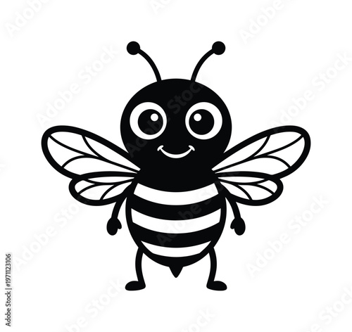 かわいいミツバチのキャラクターイラスト、シンプルなモノクロベクターデザイン、子供向け教育素材やロゴに最適な愛らしい蜂のアイコン