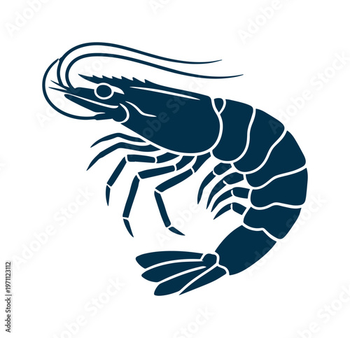新鮮なエビのシルエット、海の幸を象徴するネイビーブルーのベクターイラスト。水産物やレストランのロゴ、メニューデザインに最適な甲殻類のアートワーク。