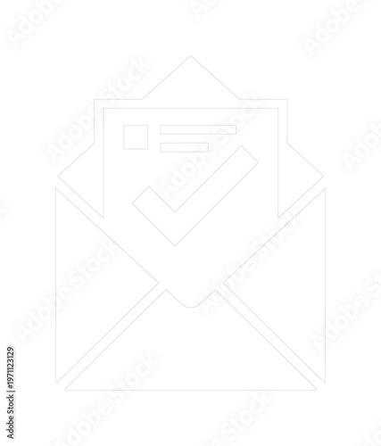 メールアイコン、白い背景にシンプルなアウトラインで描かれた受信トレイとチェックマークのベクターイラスト、デジタルコミュニケーションとメッセージングのコンセプトに最適なグラフィックリソース