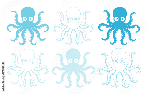 可愛いタコのベクターイラストセット、水生生物のアイコンコレクション、海の生き物のキャラクターデザイン、水色と青のグラデーションが特徴の海洋生物イラスト素材