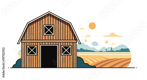 Charming wooden barn sits beside a rolling agricultural field under a warm glowing sun with mountains in the distant background.