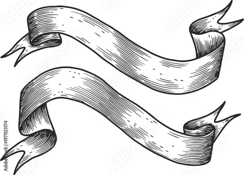 Vintage hand drawn ribbon banners with curled ends and detailed shading illustration