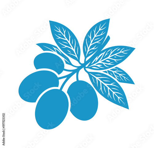 鮮やかな青いオリーブの枝、葉と実が描かれたシンプルなベクターイラスト。地中海料理、健康食品、オイル関連デザインに最適なミニマルな植物アイコン。