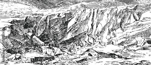 rocky cliffs and rugged coastline with scattered boulders and crashing waves