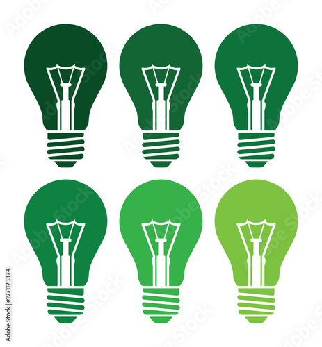 環境に優しいエネルギーとアイデアを象徴する、緑色の電球アイコン6個セット。エコフレンドリーなコンセプトや持続可能性を表現するベクターイラスト素材。