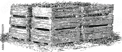 Stacked wooden crates illustration vintage textured drawing of rustic storage boxes packaging and transportation concept