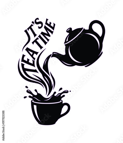 JT'S TEA TIME、湯気が立ち上るティーカップに注がれる紅茶のシルエット、カフェや喫茶店向けのモダンなベクターイラスト素材