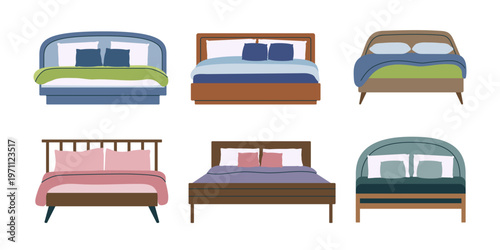 Collection of different beds isolated on white background. Vector flat furniture cliparts. Concepts of home, interiors, bedroom, sleep.