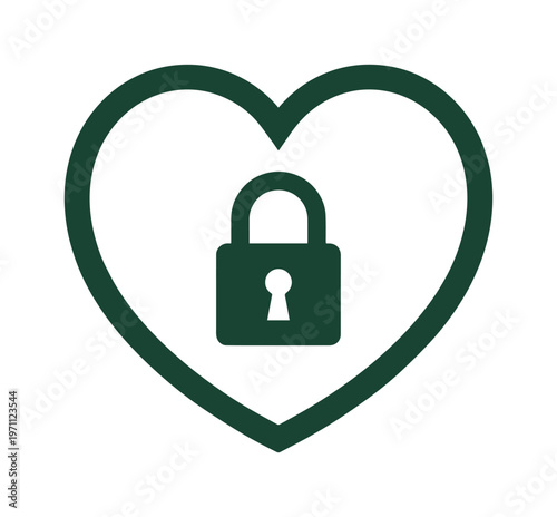 ハート型にロックされた安全な愛のシンボル、デジタルセキュリティとプライバシー保護を示すダークグリーンのベクターアイコン。ロマンチックな関係の保護、個人情報管理、または機密データの安全な保管を表現するのに最適です。