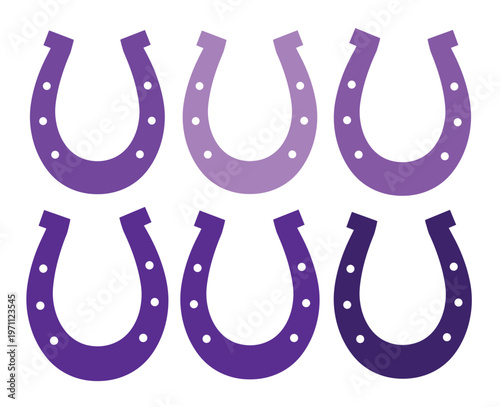 幸運のシンボル、紫色の馬蹄形ベクター素材セット。グラデーションカラーの蹄鉄アイコン、縁起の良いお守りデザイン、ビジネスやイベントのラッキーモチーフに。