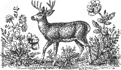 Vintage hand drawn deer with antlers standing in wildflowers and grass detailed sketch illustration