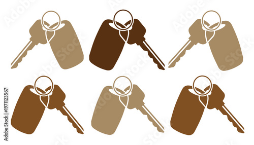 ブラウンとベージュのグラデーションで表現された、鍵とキーホルダーのシンプルでモダンなベクターアイコンセット。セキュリティ、アクセス、不動産、ビジネス関連のデザインに最適な鍵のイラスト素材。