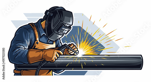 Welder in protective gear works on metal pipe with sparks flying