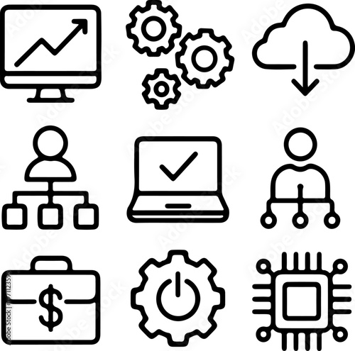 Minimalist business technology icon set, 9 black line vector elements, corporate management and digital workflow symbols for web design