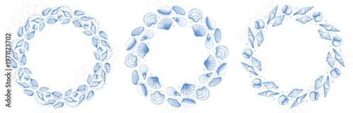 Seashells round decorative frames set. Mediterranean vintage ink sketch style. Vector hand drawn illustration for cosmetics, underwater themes, nature branding with copy space