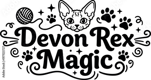 Devon rex magic cat face with yarn ball and paw prints black and white line art