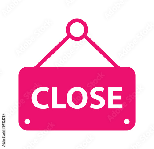 鮮やかなピンク色の「CLOSE」サイン、店舗や施設の閉店を示すシンプルなベクターアイコン。ビジネスの終了、休業、または一時停止を伝えるための視覚的なコミュニケーションツール。