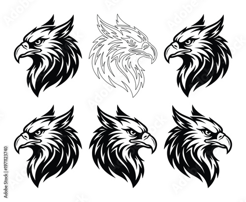 力強く威厳のあるグリフォンの頭部イラストセット、神話上の生き物のエンブレム、タトゥーデザイン、ロゴ、スポーツチームのマスコットに最適なベクター素材