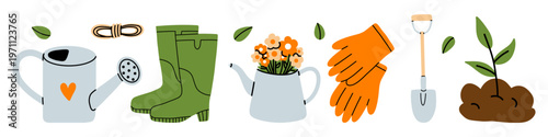Vector cute gardening clipart set. Watering can, rubber boots, flower teapot, glove, shovel, sprout in soil. Spring farm garden illustration for agriculture poster, packaging, kids book, web design.