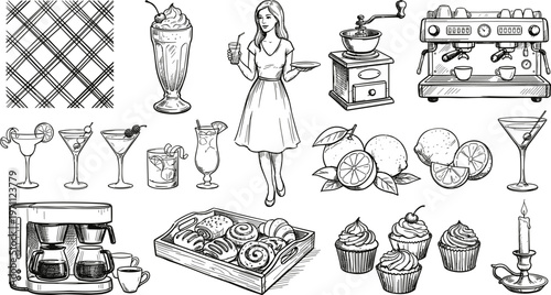 Vintage cafe hand drawn set with barista woman coffee machine desserts cocktails and bakery elements vector illustration