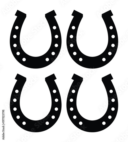 幸運のシンボル、黒い馬蹄のベクターイラスト4個セット。成功と繁栄を願うお守り、デザイン素材に最適なシンプルなアイコン。