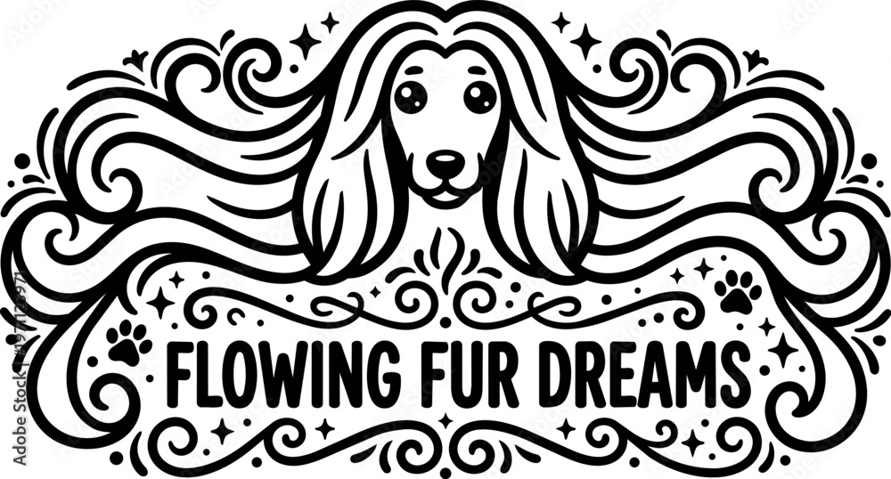 Fototapeta premium Flowing fur dreams with long haired dog face and decorative swirls black and white vector art