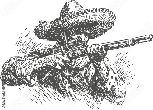Vintage illustration of man in sombrero aiming rifle, cowboy western outlaw figure with gun