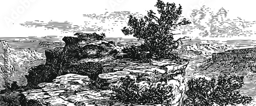 Vintage engraved illustration of rocky cliff with tree overlooking canyon landscape