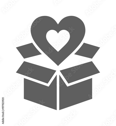愛と感謝を込めた贈り物、ハートが飛び出す段ボール箱のベクターアイコン。バレンタインデーや母の日、チャリティ活動に最適なシンプルなグレースケールイラスト。