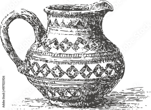 vintage ceramic jug with geometric patterns hand drawn black and white ornate pitcher design