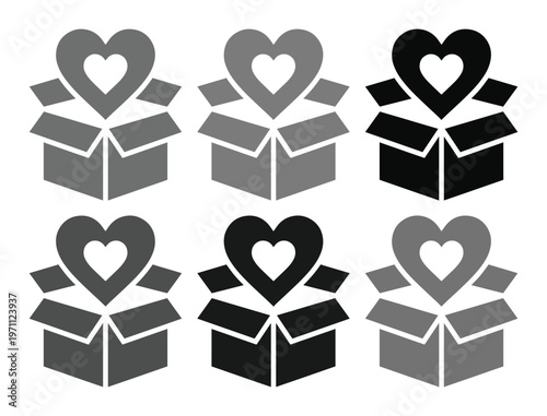 愛と感謝を伝えるハートとギフトボックスのモノクロベクターアイコンセット。寄付、ボランティア、チャリティー、プレゼント、サプライズの概念を表現するシンプルなグラフィック素材。