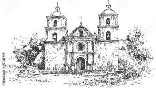 Historic church facade with bell towers surrounded by trees in detailed black and white sketch